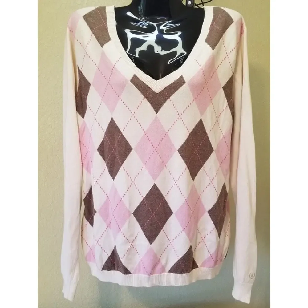 Vintage Y2K‎ Izod Argyle Golf Sweater Women's S V Neck Pink Brown Prep Summer